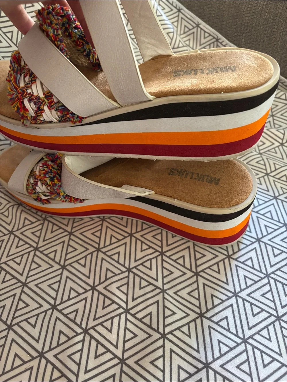 Muk Luks White Platform Slide Sandals with colorful Trim